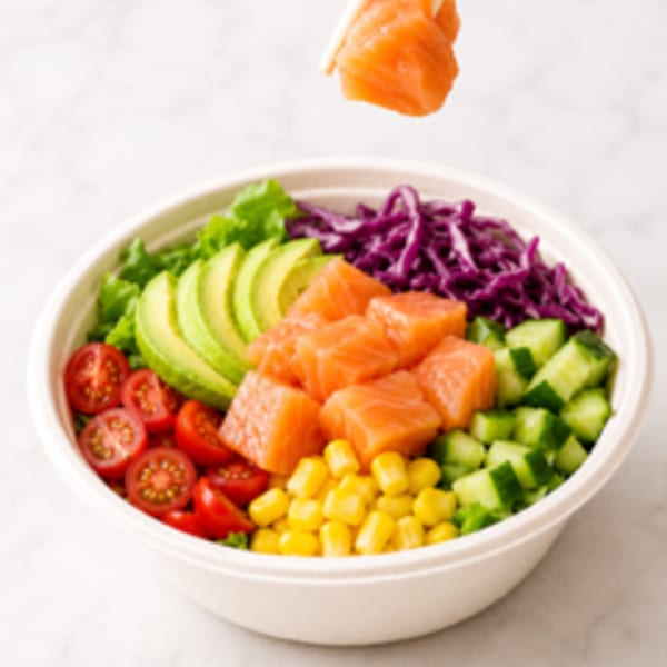 A colorful poke bowl with salmon, avocado, corn, tomatoes, cucumber, and red cabbage.