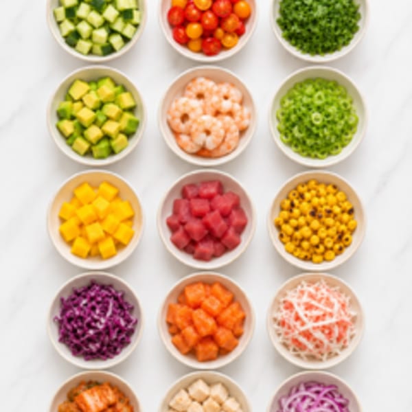 Overhead view of various colorful poke bowl ingredients in small white bowls on a marble surface.