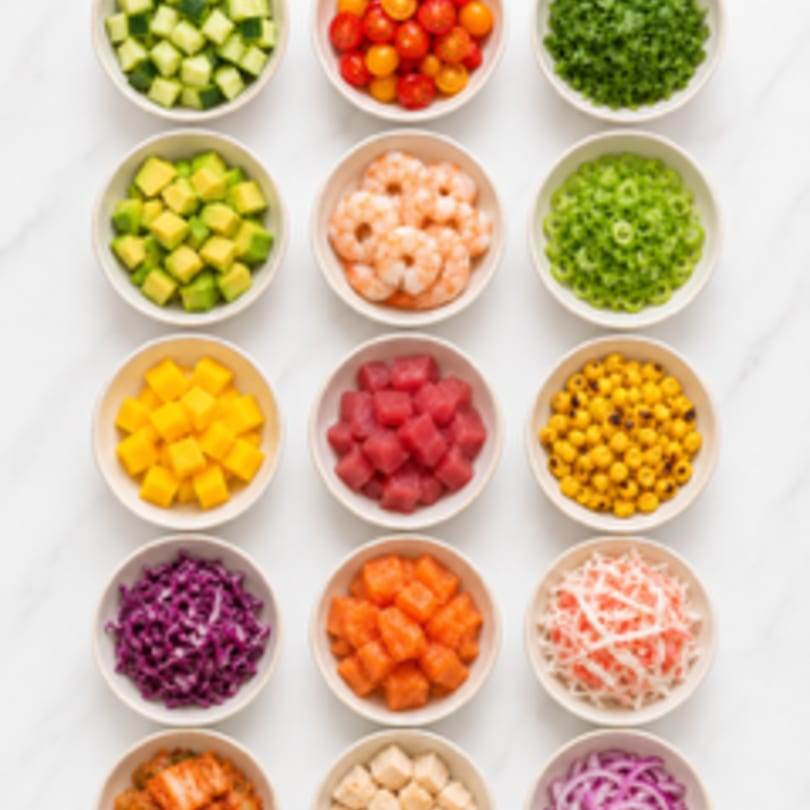 Overhead view of various colorful poke bowl ingredients in small white bowls on a marble surface.