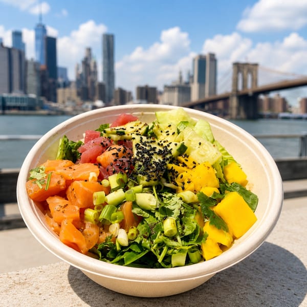 A colorful poke bowl with salmon, tuna, mango, and cucumber, overlooking the Brooklyn Bridge and NYC skyline.