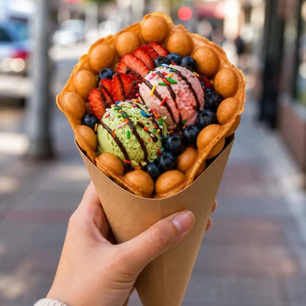 Hand holding a bubble waffle cone filled with two scoops of ice cream, strawberries, and blueberries.